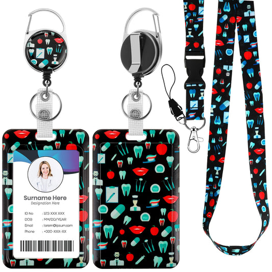 Amabro Nurse Print Badge Holder with Detachable Lanyard, Retractable Badge Reel Clip with Breakaway Lanyard Plastic ID Card Holder Vertical Card Protector Keychain Name Card ID Sleeve(Style B)
