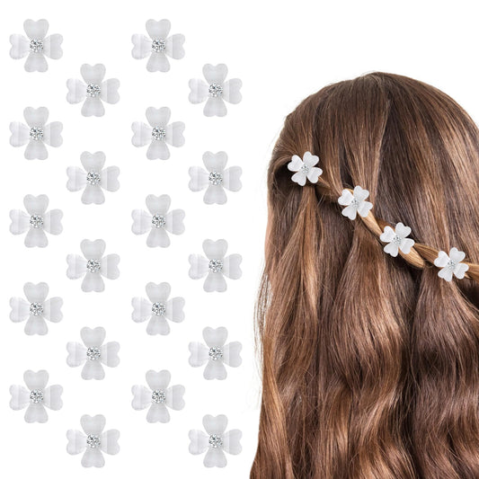 Andibro Small Flower Hair Clips with Rhinestone,20Pcs Mini Four Leaf Flower Hairclip Cute Short Hair Pin Tiny Hairpin Decorative Fashion Thin Metal Barrettes Hair Accessories Women Girls Gift(White)