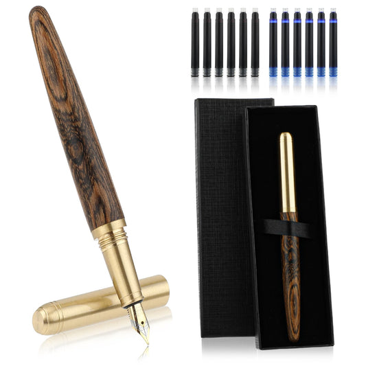 Amaxiu Luxury Wooden Fountain Pens Set, Fine Nib Wood Fountain Pen Vintage Wooden Pen with 12 2.6 mm Ink Cartridges and Gift Box for Journaling Business Office Supplies(B)
