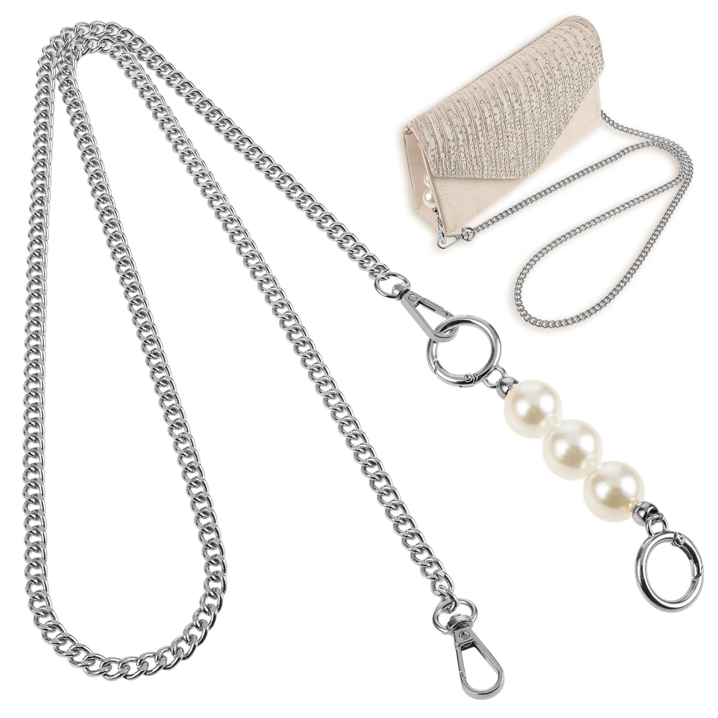 TIESOME Metal Chain Purse Strap with Pearl, Shoulder Bags Chain Strap Replacement, Crossbody Bag Replace Chain Long Handbag Chains DIY Cross Body Bag Chain for Women 47"(Silver)