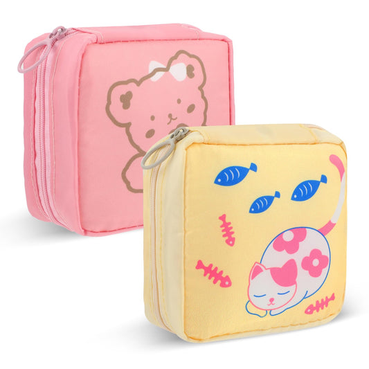 Andibro Cute Sanitary Napkin Storage Bag, 2Pcs Portable Period Holder Bag Cartoon Menstrual Pad Bag Kawaii Tampon Pad Holder Purse Pad Pouch with Zipper Suitable for Girls Women(Pink+Yellow)