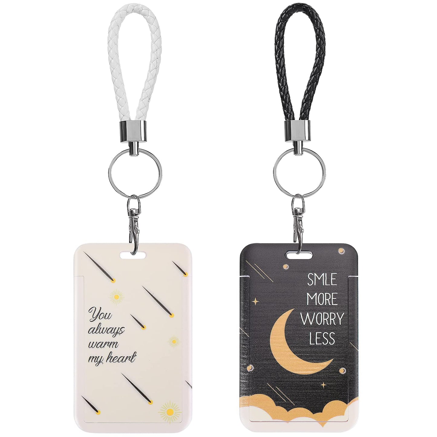 cobee ID Badge Holder with Finger Lanyard, 2 Pack Starry Sky Plastic Card Holder with Small Wrist Strap Vertical ID Card Protector Card Case Protector Pouch for Office School(Sun, Moon)