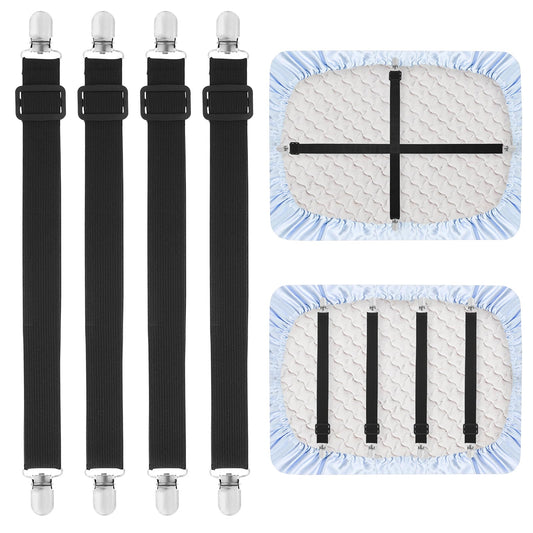 Bewudy 4 Pcs Adjustable Bed Sheet Straps Clips, Elastic Mattress Bed Sheet Fasteners, Suspenders Grippers to Hold Sheet, Mattress, Sofa Cushion(Black)