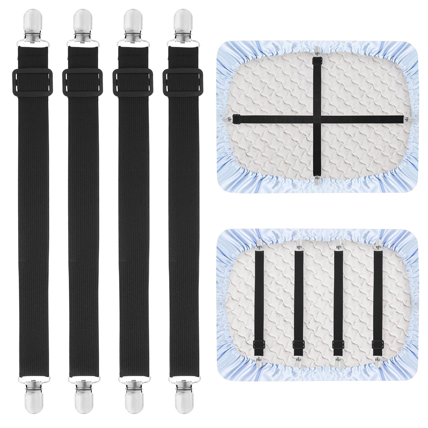 Bewudy 4 Pcs Adjustable Bed Sheet Straps Clips, Elastic Mattress Bed Sheet Fasteners, Suspenders Grippers to Hold Sheet, Mattress, Sofa Cushion(Black)