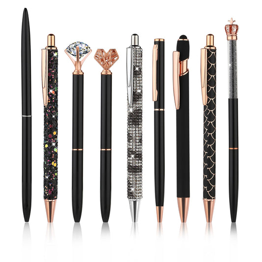 Bewudy 9 PCS Crystal Diamond Pens, Retractable Metal Ballpoint Pen Crystal Glitter Pens Black Ink Fancy Pens Gifts for Women Girls School Wedding Office Desk Supplies(Black)