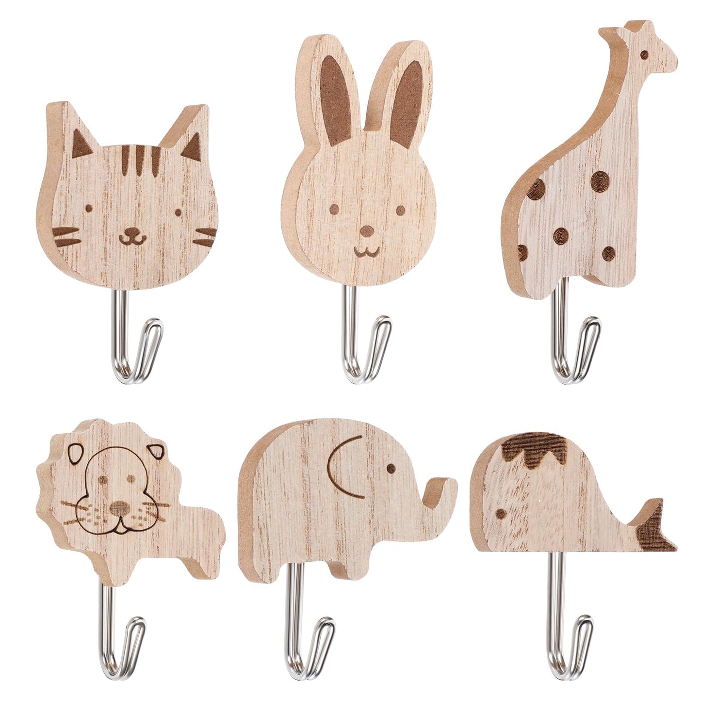 YUXMU 6 Pcs Wooden Coat Hooks, Animal Theme Wall Hooks for Kids Room Decor, Cats Lions Rabbits Giraffes Elephant Shapes