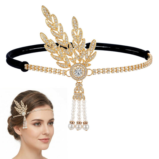JJUNW 1920s Flapper Headband, Leaf Rhiestones Headpiece Bride Wedding Head Bands Pearl Tassel Headdress 1920s Headpiece for Women (Gold)