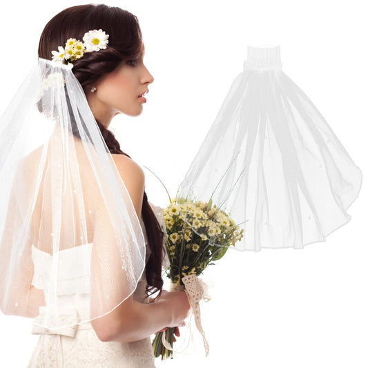 Amaxiu Short Bridal Wedding Veils, Comb Bridal Cathedral Veil, 1 Tier Tulle Wedding Headpiece, First Communion Veils, Flower Girl Veil, Headband Accessories for Bachelorette Party, 15"(Pearl Style)