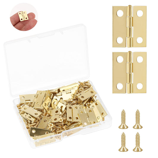 Giantree 50 Pack Mini Hinges for Wooden Box, Small Hinges with Screws, Folding Butt Hinges for Crafts Dollhouse Door Cabinet (Golden)