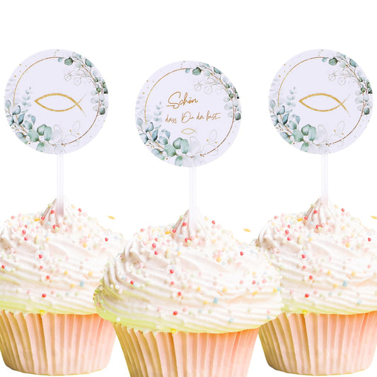 MBAIYO Pack of 24 Cake Toppers Christening Schön dass du da bist, Fish Cupcake Decoration Communion Confirmation Cake Decoration Muffin Decoration Cake Topper for Cake Fondant Dessert Decoration