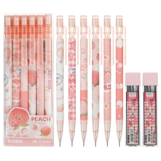 Molain Cute Mechanical Pencil Set, 6PCS Pink Peach Mechanical Pencils 0.5mm with 200PCS HB Pencil Refills School Office Supplies Aesthetic Mechanical Pencils for Girls Writing Drawing Sketching(6)