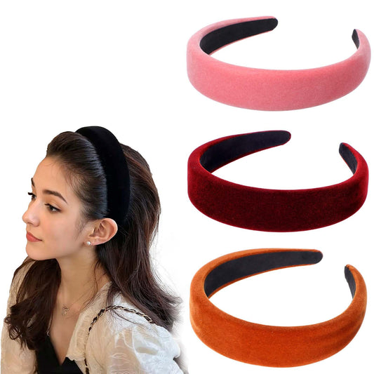 HJZHII 3PCS 3cm Velvet Padded Headband for Women Grils, Thick Wide Head Bands Elegant No Teeth Hair Band Soft Simple Hair Accessories