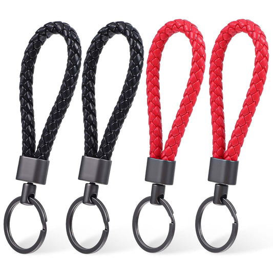 AOZUO 4PCS Braided Leather Key Fob Keychain, Leather Car Key Fob Keychain Ring Woven Strap for Men Women, Multicolor