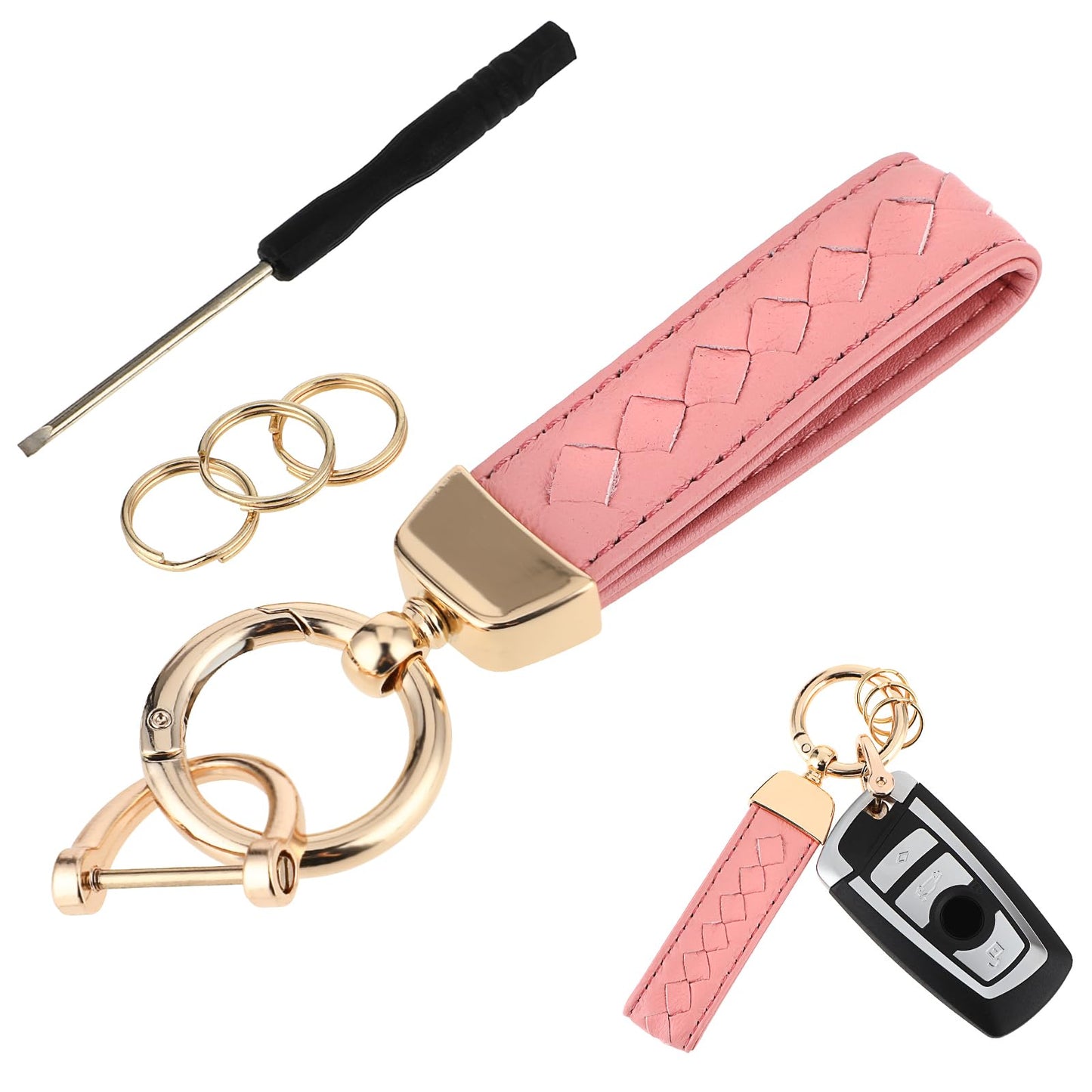 Amabro Woven Leather Car Keychain, Sheepskin Key Chain Holder with Anti-Lost D-Ring 360 Rotatable Universal Auto Braided Key Fob Wristlet Keyrings for Men Women Car Accessories Family(Pink)