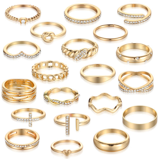 MBAIYO 20 Pieces Gold Rings Set for Women, Stackable Finger Ring with Rhinestones, Vintage Finger Rings, Boho Thumb Rings, Women's Ring, Waterproof Gold Ring Set, Fashion Jewellery, Gift, Girls, Size
