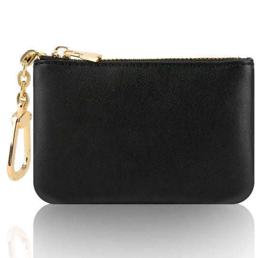 Amaxiu Women Genuine Leather Mini Coin Purse with Keychain, Cowhide Zipper Coin Pouch Credit Card Holder Earphone Lipstick Organizer(Black)