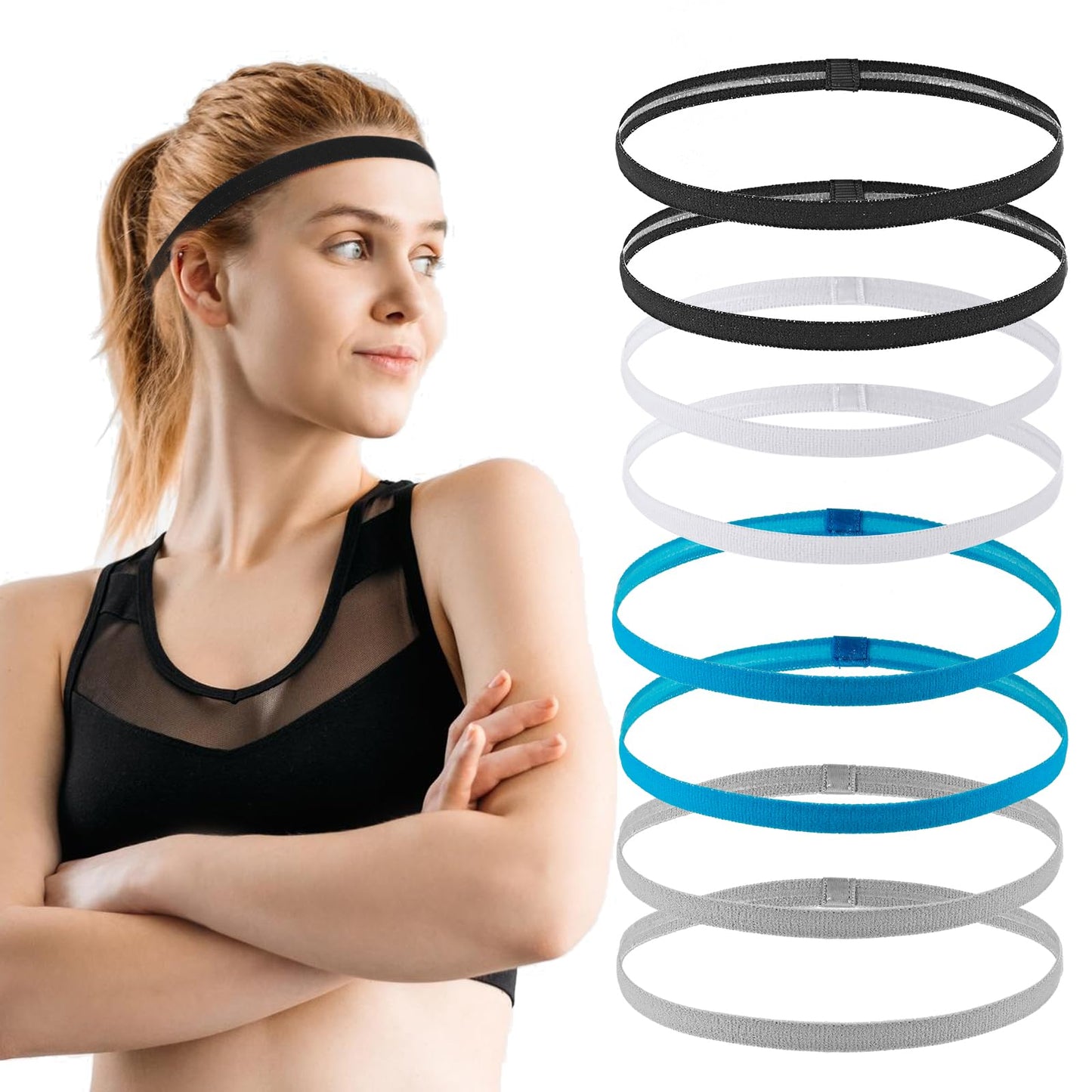 GEEHUA 8Pcs Thin Elastic Sports Headbands, Non-Slip Athletic Hair Band Women Men Workout Headband Hair Accessories for Kids Boy Girl Running Soccer Football Basketball