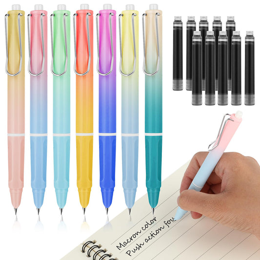 cobee Aesthetics Retractable Fountain Pen with 10 Black Ink Sac, 5pcs 0.38mm Pastel Refillable Ink Writing Pens Extra Fine Point Pen Smooth Writing for Journaling Calligraphy Gift Supplies(C)