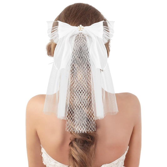 Andibro Wedding Bow-Knot Veil,White Bridal Tulle Hair Clip, Bachelorette Party Short Veils Hair Accessories with Pearl Flower