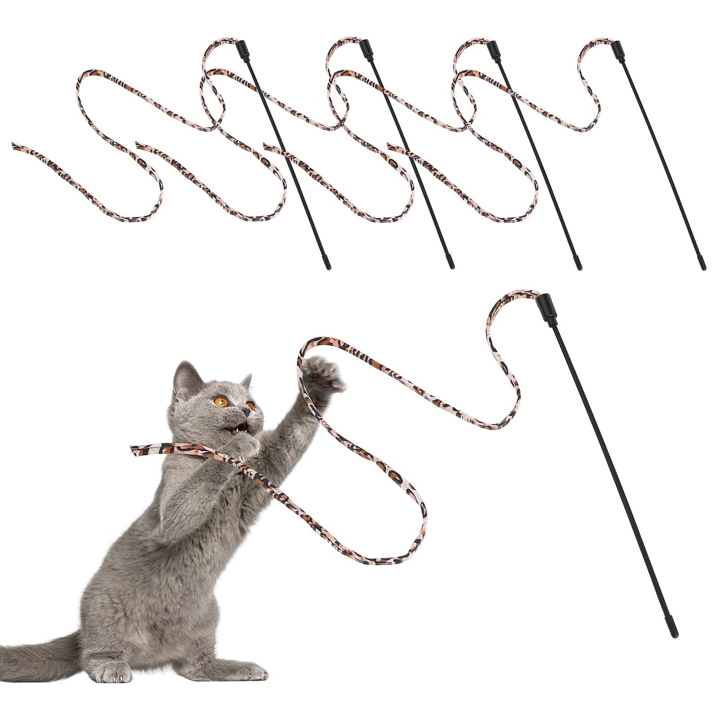 Molain Cat Wand Rainbow Toy, 5pcs Rainbow Ribbon Wand for Kittens Training, Rainbow Ribbon Cat Wand, Interactive Cat Wand, Stick Toy for Kitten Cat Exerciser Playing(30cm, Leopard Print)