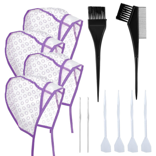 Bewudy 12 Pcs 4 Sets of Highlight Cap with Hooks, Hair Highlighting Caps, Highlight Hair Coloring Frosting Dye Kit for Salon Hair Dyeing Hairdressing (Purple)