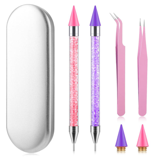Andibro Rhinestone Picker Tool Set, Dual-end Diamond Dotting Pens Wax Pencil Acrylic Pickup Kit for Nail Gems Stones DIY Nail Art Crafts 2 Dotting Pen 2 Wax Tip 2 Nail Art Tweezer(Pink+Purple)