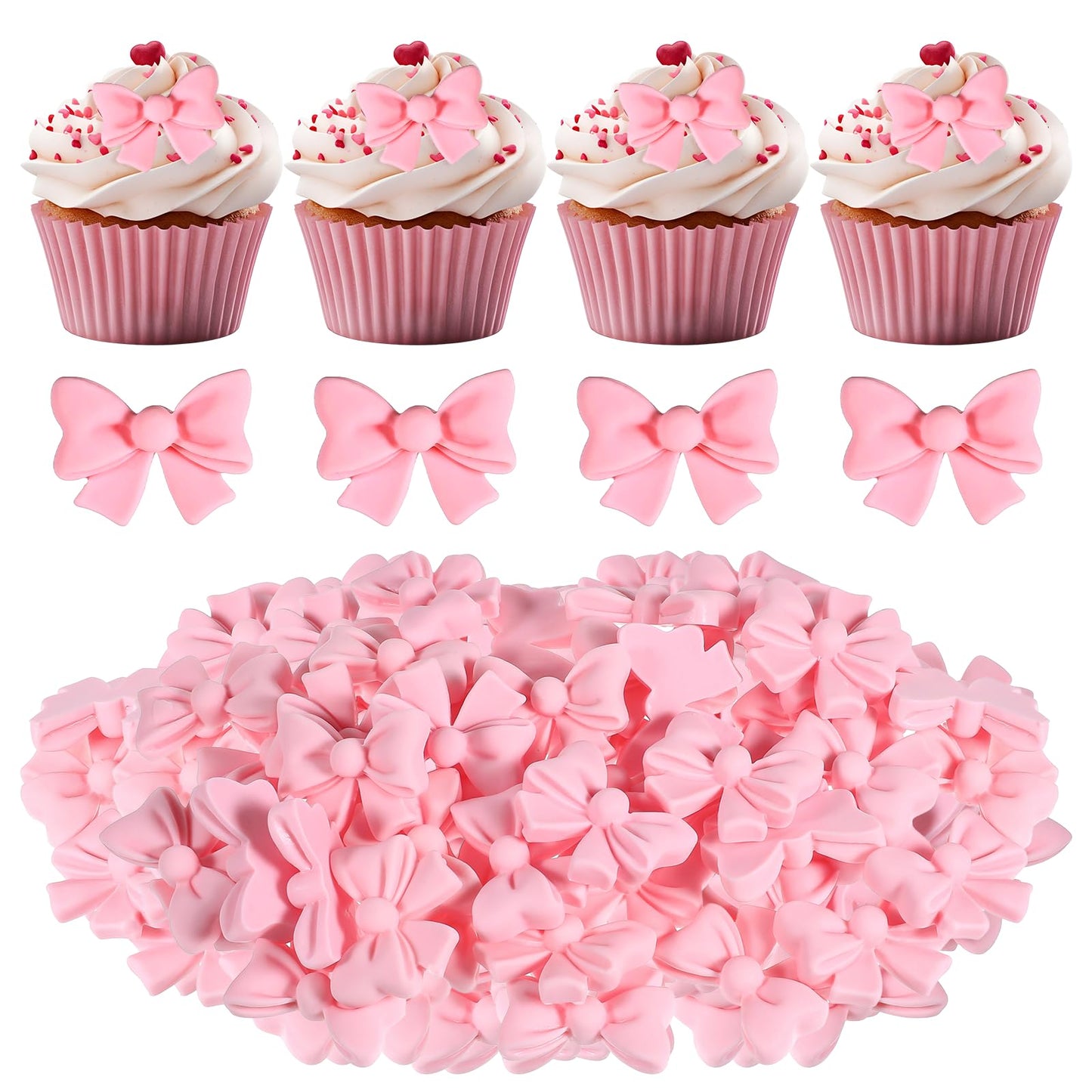 Bewudy 50Pcs Pink Bow Cupcake Toppers, Bowknot Cake Decorations Bow Cake Topper Supplies for Theme Parties Bridal Engagement Wedding Baby Showers Birthday Parties