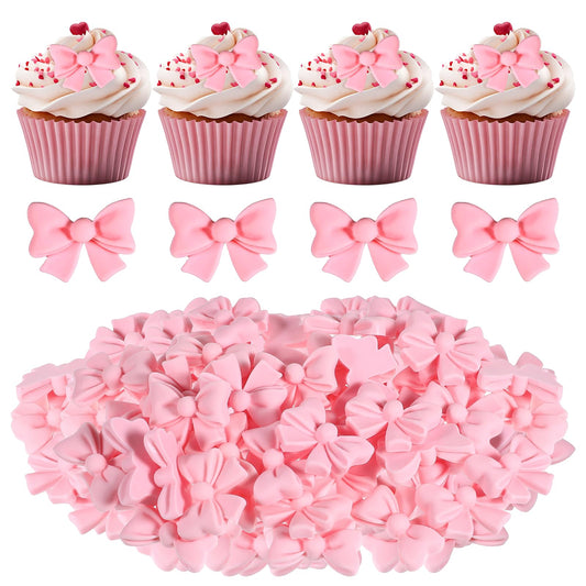 Bewudy 50Pcs Pink Bow Cupcake Toppers, Bowknot Cake Decorations Bow Cake Topper Supplies for Theme Parties Bridal Engagement Wedding Baby Showers Birthday Parties