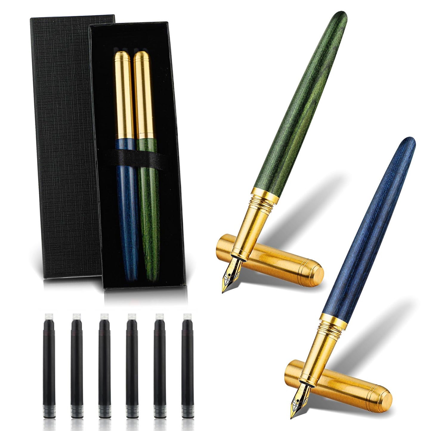 cobee Luxury Wooden Fountain Pen Set, 2 Handcrafted Vintage Wood Fountain Pens with 6 Pcs 2.6 mm Black Ink Cartridges 0.5mm Fine Point Business Pen for Journaling Calligraphy Supplies (B)