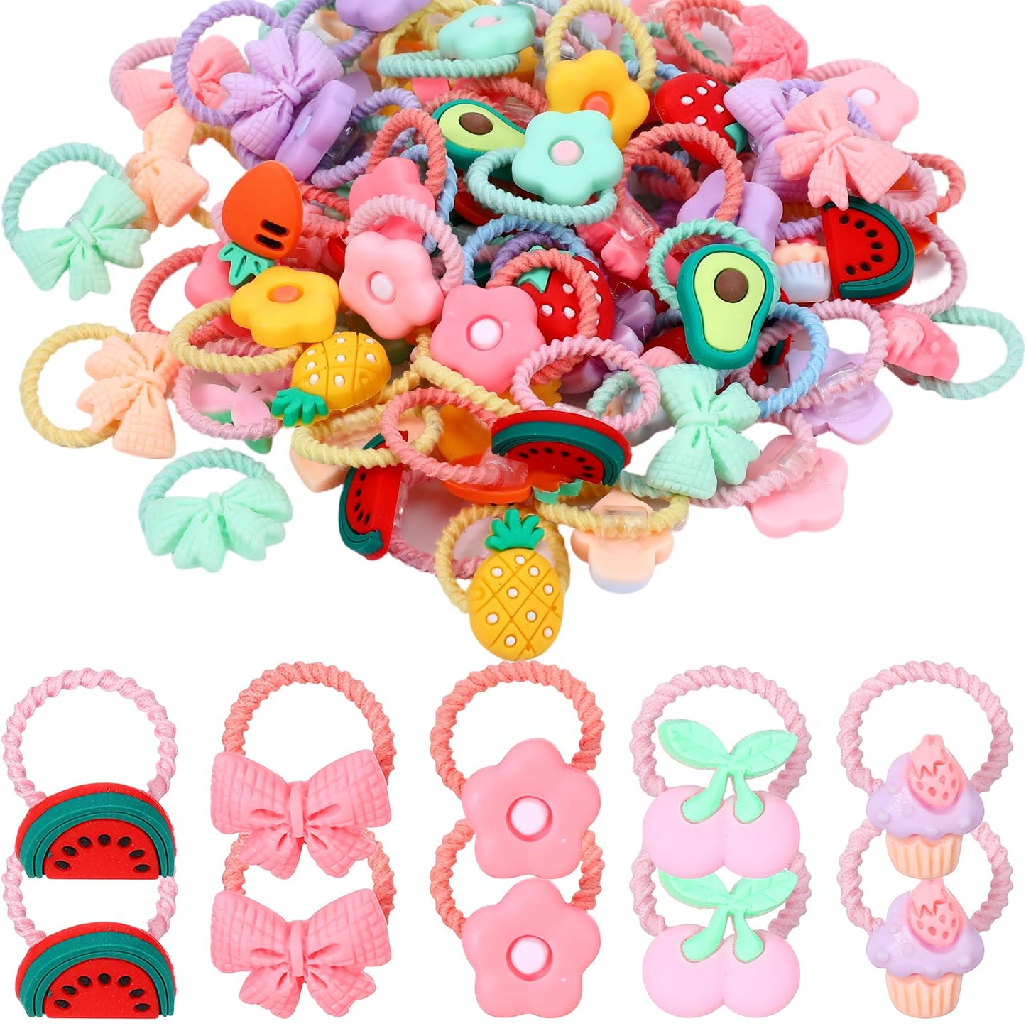 Amabro Pack of 100 Colourful Hair Bobbles Elastic Hair Bands for Fine Hair Cartoon Hair Bands with Bows, Flowers, Fruit Patterns, Cute Braid Elastics, Children, Small Hair Bands, Seamless for