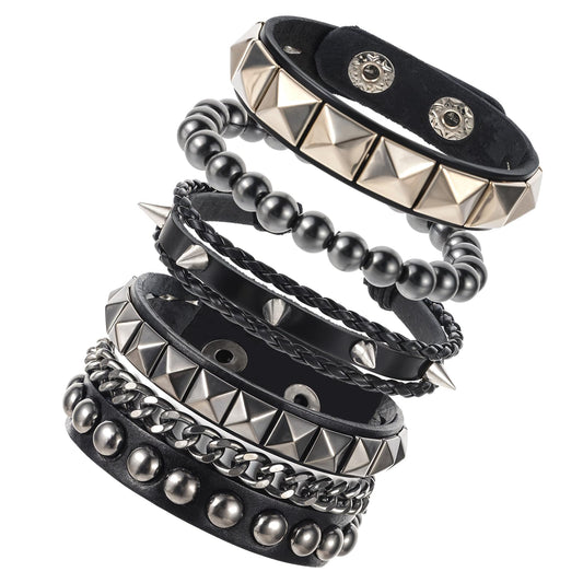 JIYIN Punk Leather Rock Studded Bracelets, 4 Pcs Punk Rock Leather Spike Bracelet for Men Women, Leather Cuff Bracelet 80s Wristband Set Adjustable Emo Punk Accessories Grunge Bracelet for Man Woman