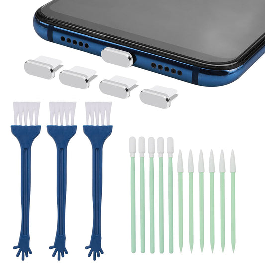 cobee 17PCS Type C Phone Cleaning Kit (Silver, Multicolor) - Includes Metal Anti Dust Plugs, Nylon Brushes, Phone Speaker Cleaning Brushes, Port Cleaning Brushes
