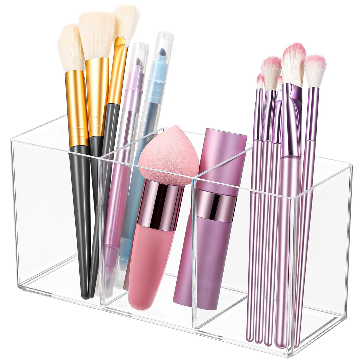 WJIAAA 3 Compartments Makeup Organiser, Cosmetic Organiser for Make-Up Brushes, Lipstick, Eyeliner, Dressing Table, Bathroom Accessories (17.7 × 9 × 6.4 cm)