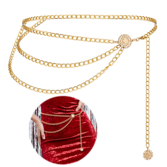 JIEYAO Multilayer Metal Chain Belts, Womens Metal Belts for Dresses Adjustable Body Belly Chain Long Waist Belt for Jeans(Gold,90cm/35.4in)