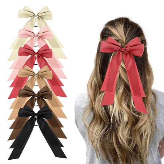 Giantree 6 PCS Hair Ties and Bows, Satin Hair Ribbon Scrunchies with Bows for Women Elastic Hair Ties, Various Colors Bow Hair Accessories with Long Tail for Thick Thin Hair