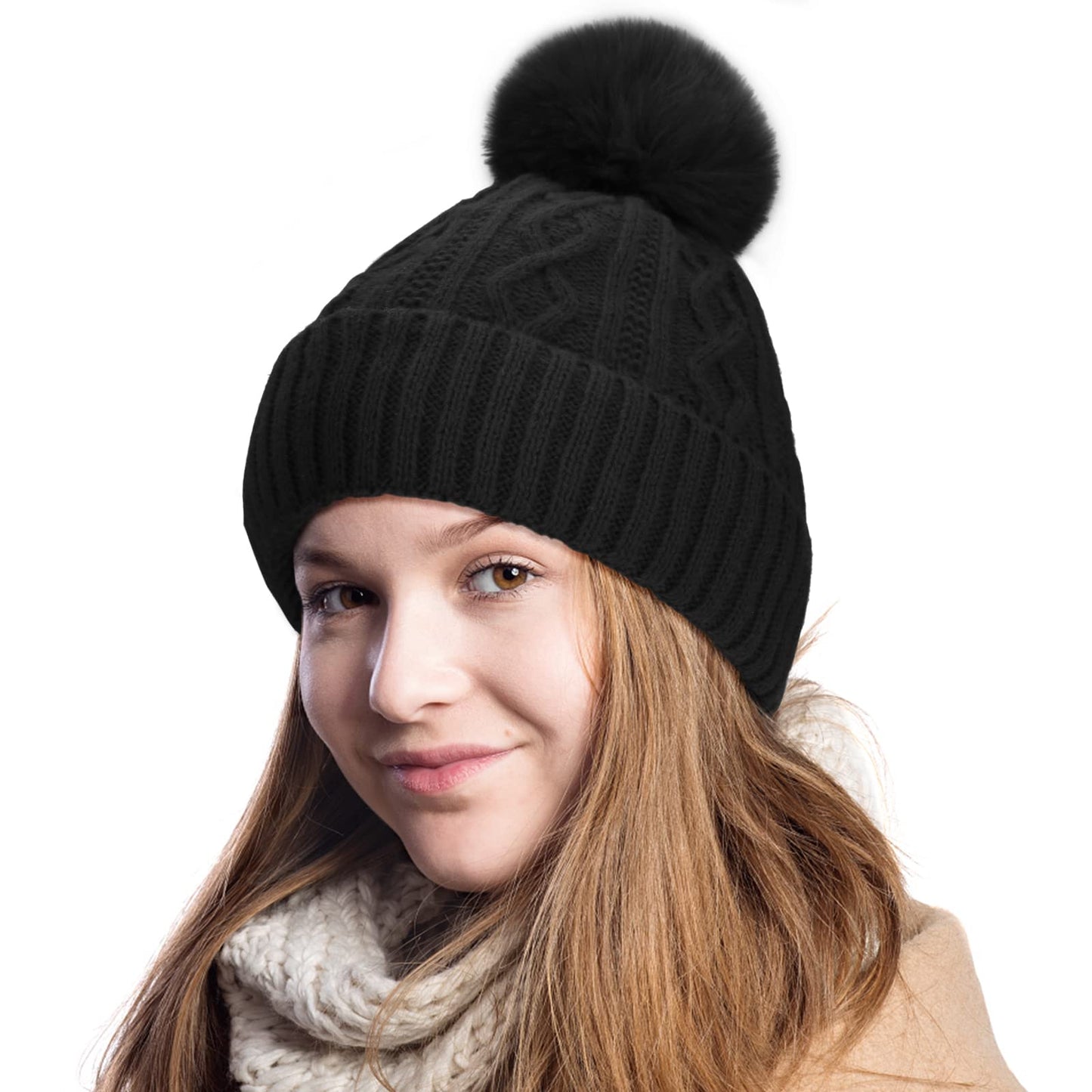 cobee Women Winter Beanie Hat,Knitted Pom Hats Warm Winter Hats with Faux Fur Pom Velvet Lined Stretchy Hat(Black)