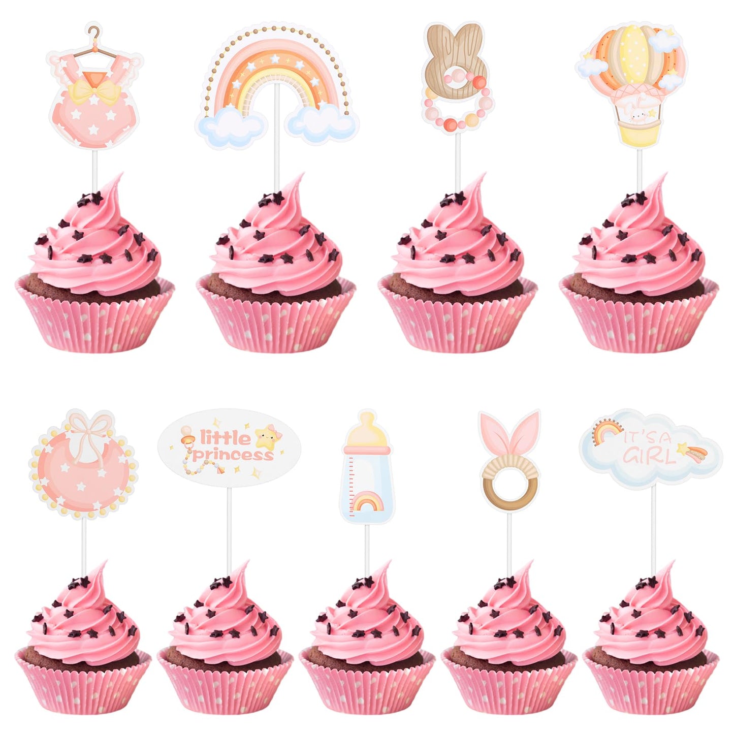 Yuanchu 36 Pcs Baby Shower Cupcake Toppers, Cupcake Picks for Baby Shower Gender Disclosure Party Decorations for Girl It's A Girl Kids Birthday Party Cake Decor Supplies(Pink)
