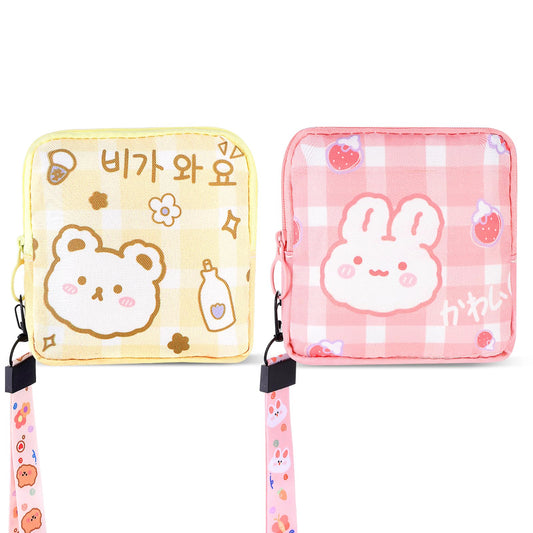 Andibro Cute Sanitary Napkin Storage Bag with Lanyard, 2Pcs Portable Period Holder Bag Menstrual Cup Pouch Tampon Holder Menstruation First Period Bag Pad Pouch Period Kit Bag for Women Teen Girls(A)