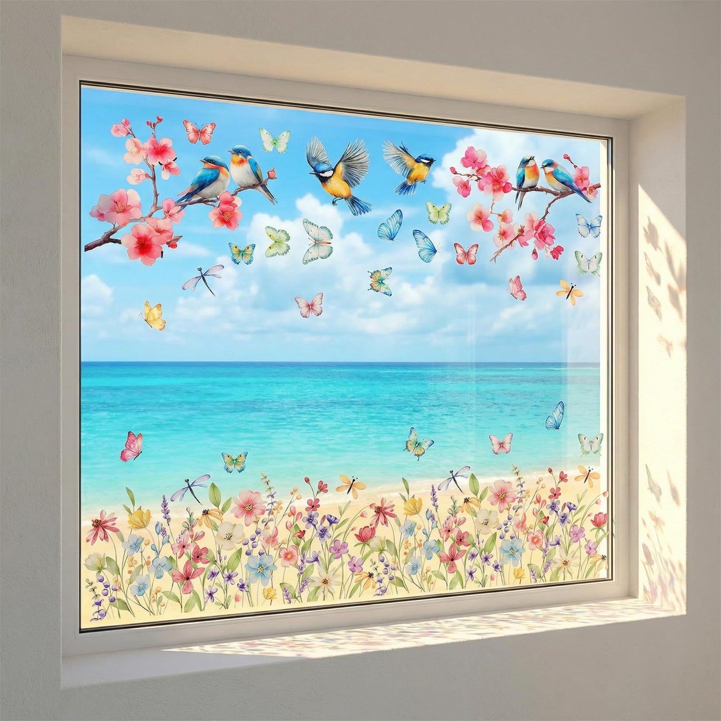WJIAAA Window Stickers Spring Self-Adhesive Window Decoration with Flowers and Birds, Reusable Window Stickers for Glass Window Decoration
