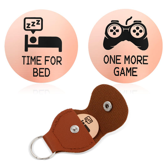 Amaxiu 3pcs Funny Decision Coins - Time for Bed/One More Game, Novelty Decision Maker Coin Leather Pocket Token Stainless Steel Destiny Flip Keychain Gifts for Game Lovers(Rose Gold)