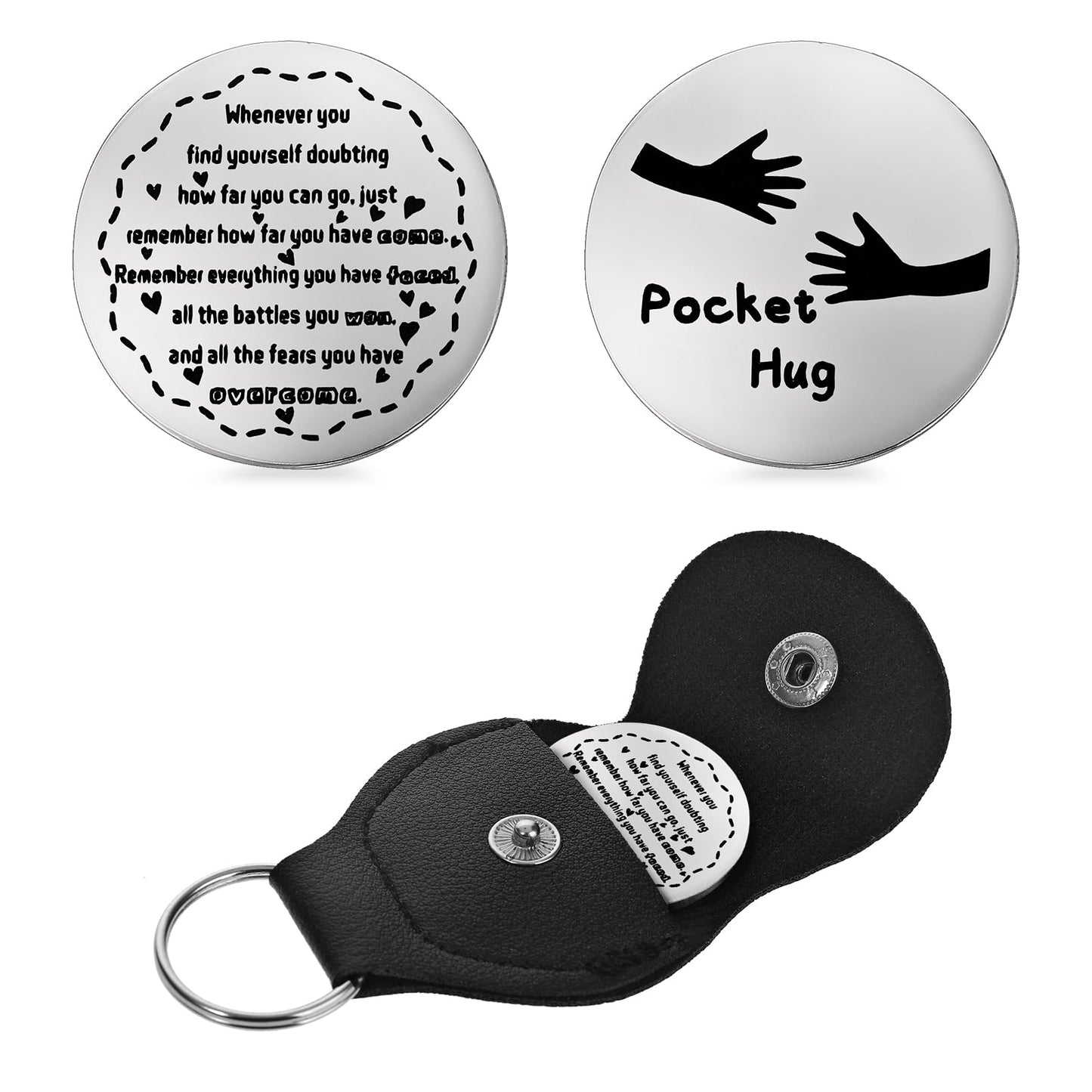 cobee Pocket Hug Token, Encouragement Long Distance Relationship Keepsake Stainless Steel Double Sided Message Engraved Inspirational Pocket Hug Token with Leather Keychain for Men Women(Style-F)