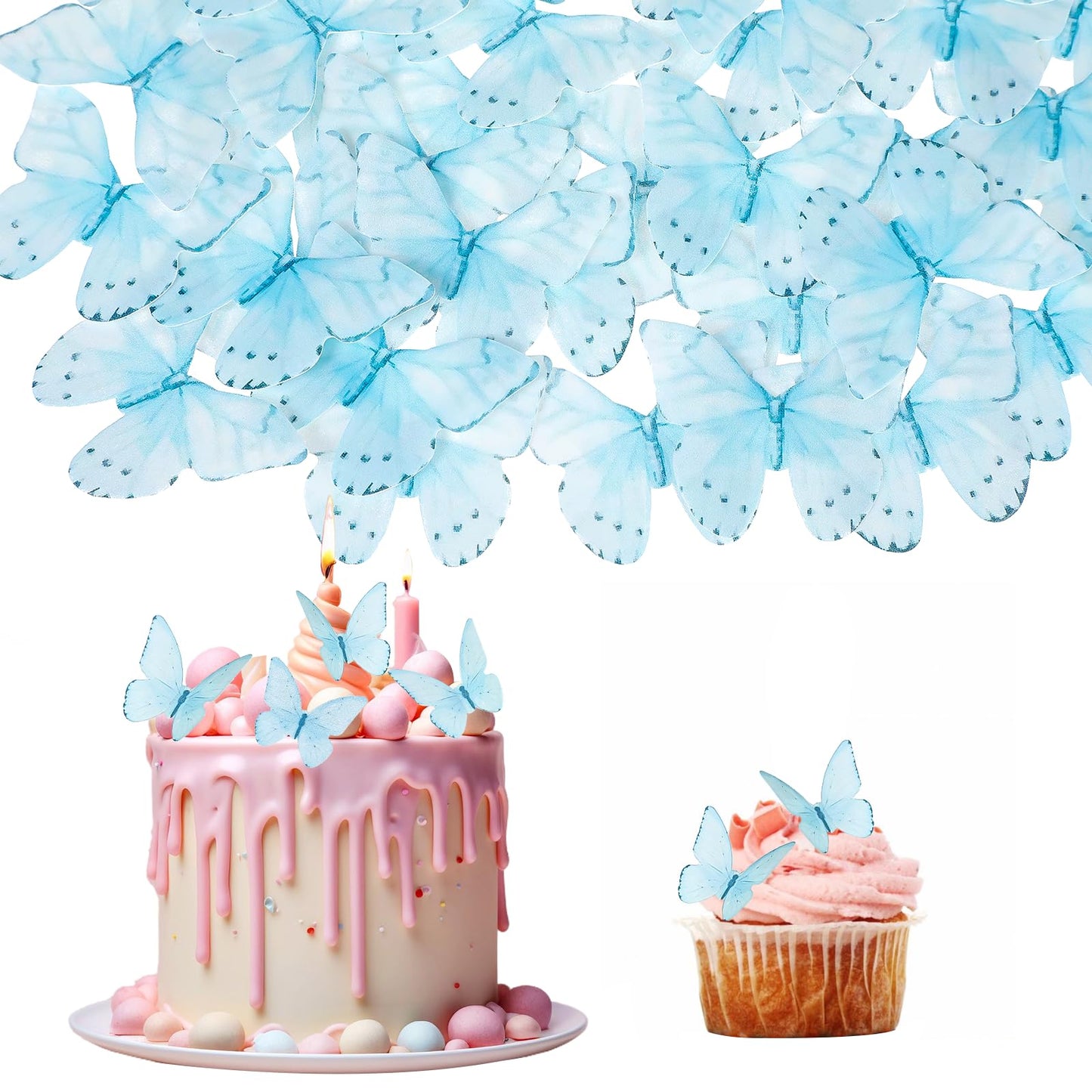 Giantree 48 Pcs Edible Butterflies for Cake Decorating, Edible Butterfly Cupcake Topper Edible Butterfly Cake Decorating for Wedding Birthday Anniversary Flower Themed Party Decorating(Blue)