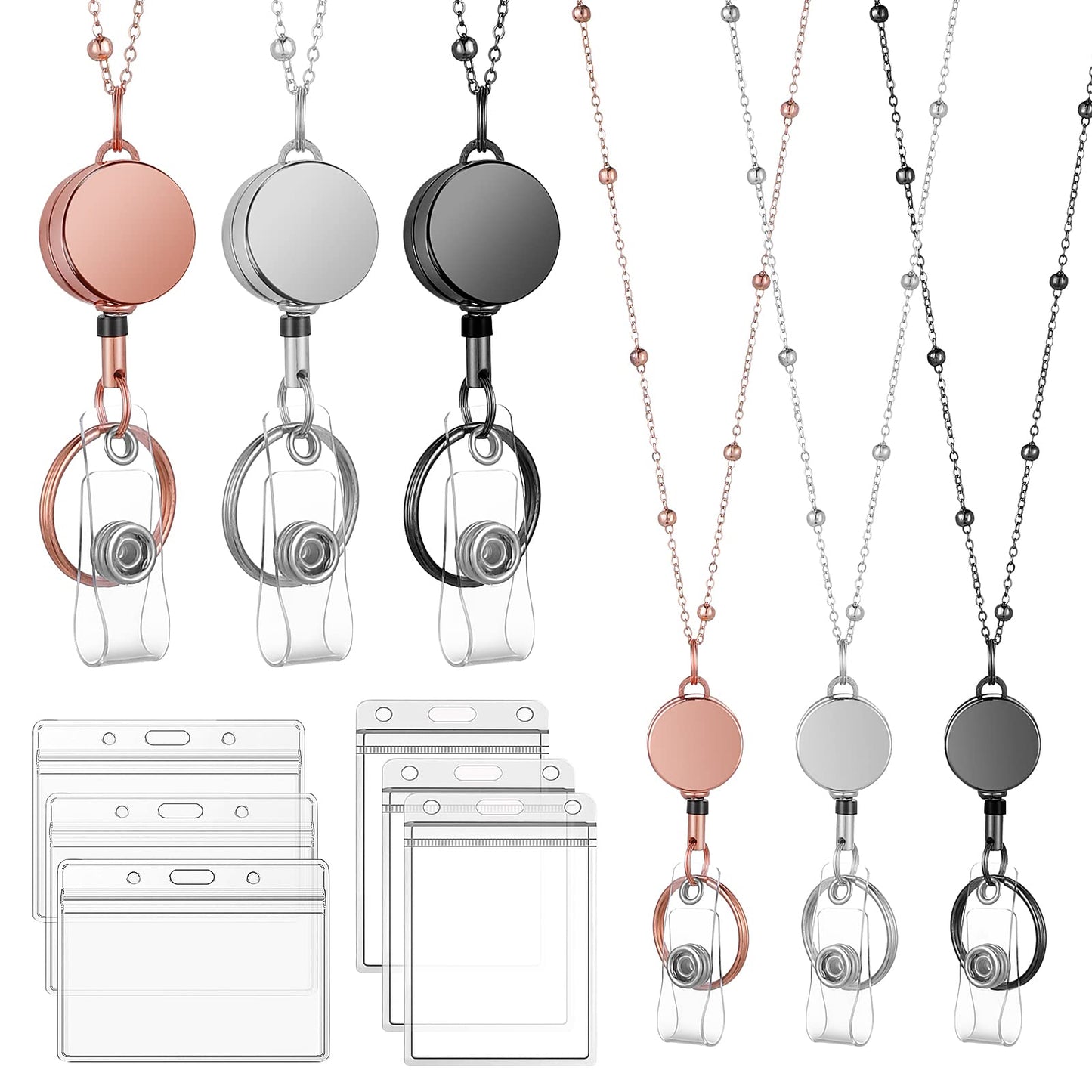 cobee 3 Pcs/Sets Retractable Badge Reel Lanyard with ID Holder, Necklace Lanyard with Transparent ID Card Holder and Keychain, Waterproof Name Card Holder(Rose Gold, Black, Silver)