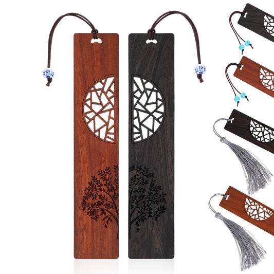 Amaxiu 2Pcs Wooden Bookmarks with 4Pcs Pendant Replacement, Handmade Carving Wood Book Mark for Book Lovers Hollow Craft Bookmark Vintage Bookmark Gift for Women Men Readers