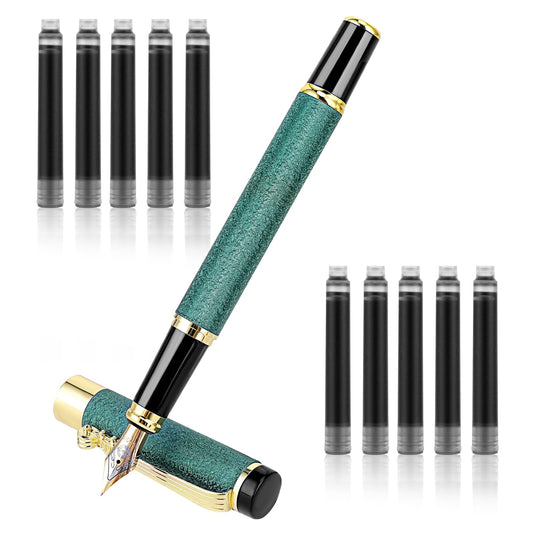 Amaxiu Matte Black Fountain Pen Set, 0.5mm Fine Nib Fountain Pen with 10 2.6mm Ink Cartridges Smooth Writing Luxury Calligraphy Pen Office School Supplies Gift(Green)