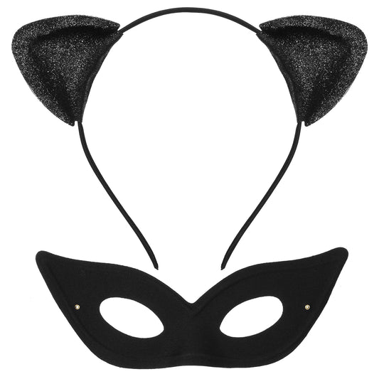 Amabro Cat Ears Headband with Cat Mask, Halloween Glitter Cat Ear Hairband Black Half Cat Eye Mask for Masquerade Cosplay Party Cat Women Cat Costume Fancy Dress