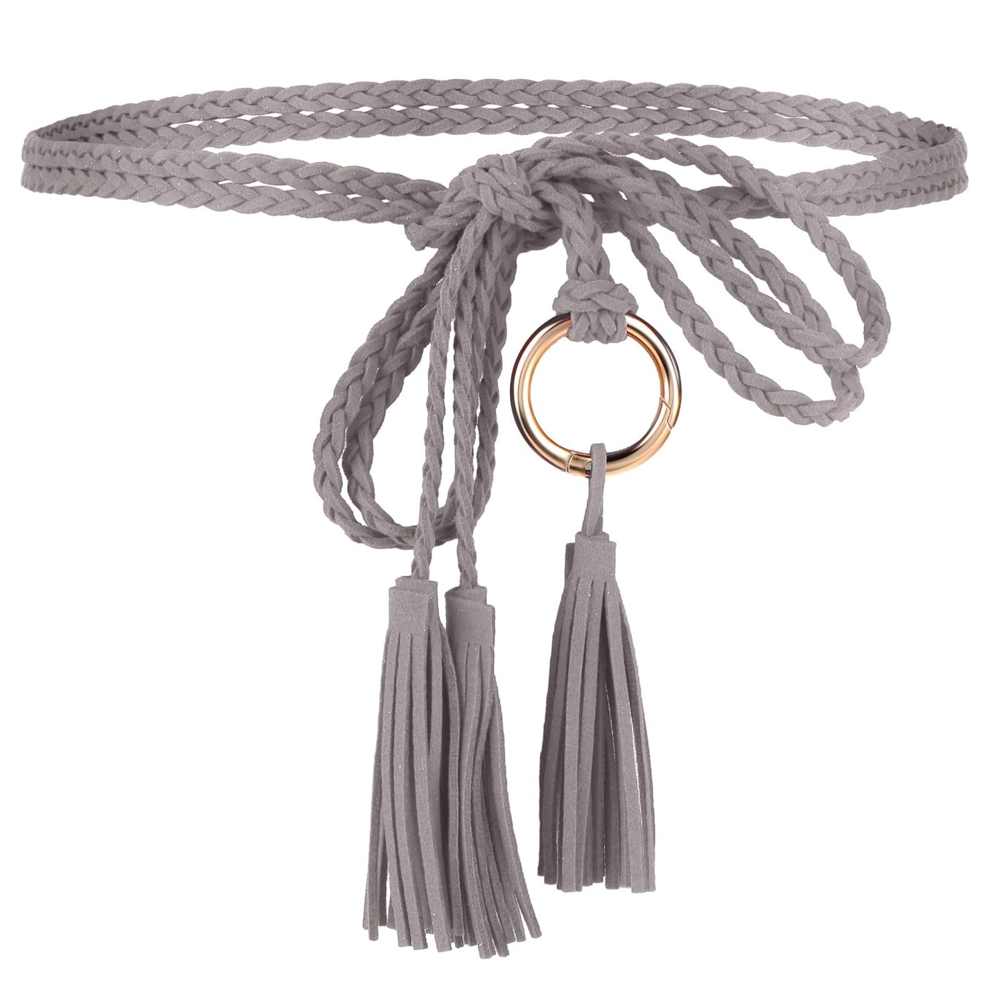 TIESOME Women's Tassel Braided Waist Belt, Skinny Handwoven Belt with Ring for Dress Waist Belt Rope Chain Bohemian Ethnic Style for Women Girls Godness(Grey)