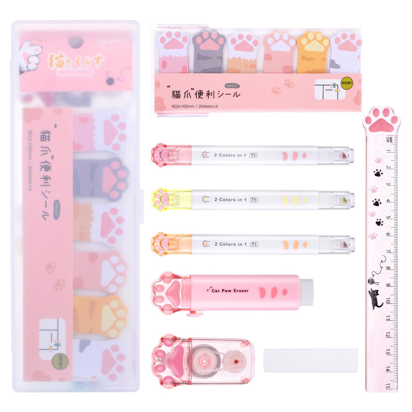 TIESOME 9Pcs Kawaii Cat Paw Stationery Kit, Cute Cartoon Set Double-ended Highlighter Retractable Eraser Correction Tape Sticky Notes Ruler Eraser Replacement Core School Supplies for Cat Lovers(Pink)