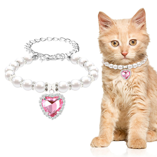 Andibro Pearl Cat Collar, Cute Rhinestone Puppy Collar Shine Small Cat Necklaces Pet Collar with Bling Accessories for Kitten Small Dogs Wedding Birthday Party(S,pink)