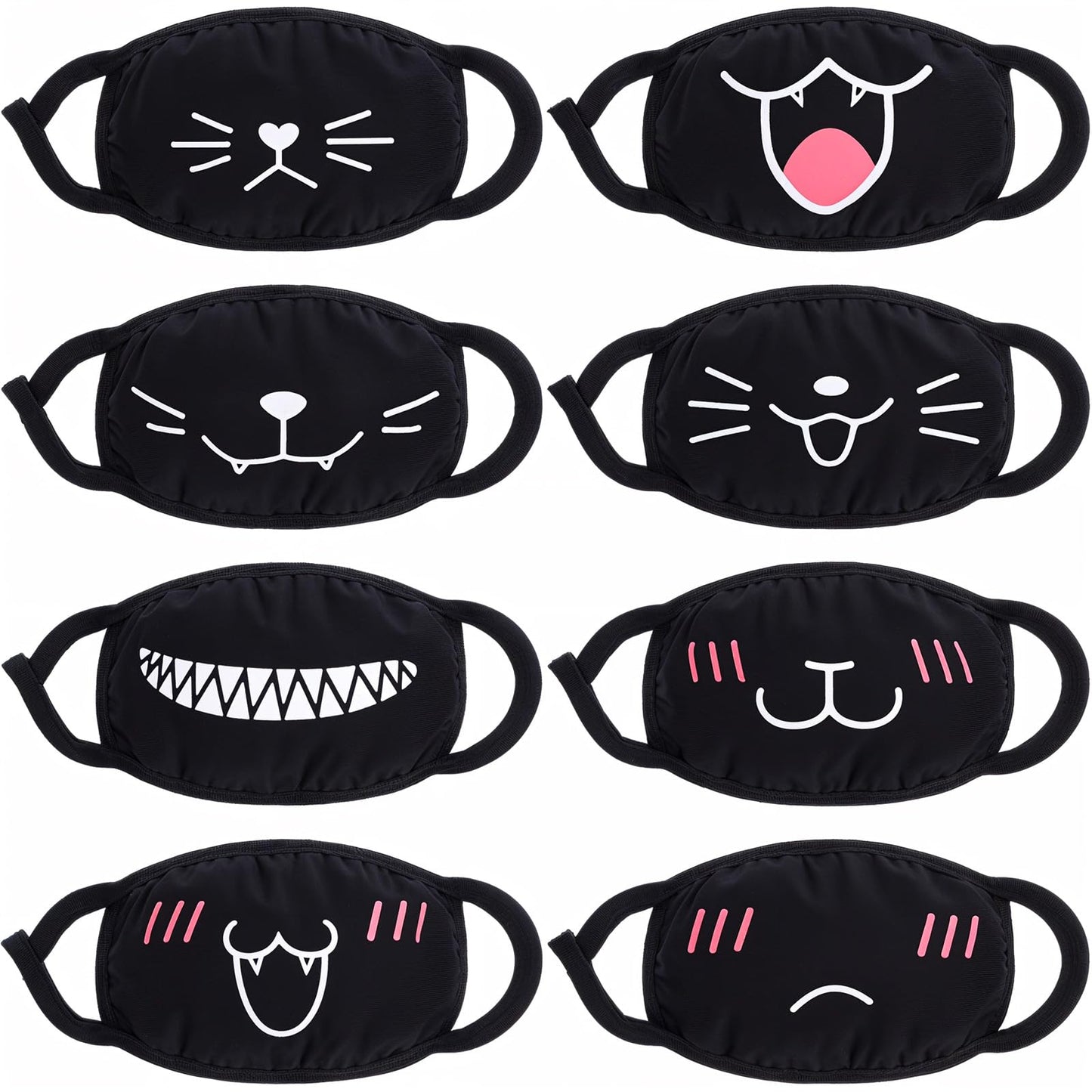 AOZUO Pack of 8 Cute Cat Face Masks, Kawaii Cotton Mouth Masks, Reusable, Washable Face Mask, Anti-Dust, Anime Masks for Women and Men